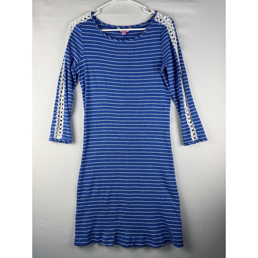 Lilly Pulitzer Marlowe Beckon Dress Womens M Blue Striped‎ Crochet Knee Length